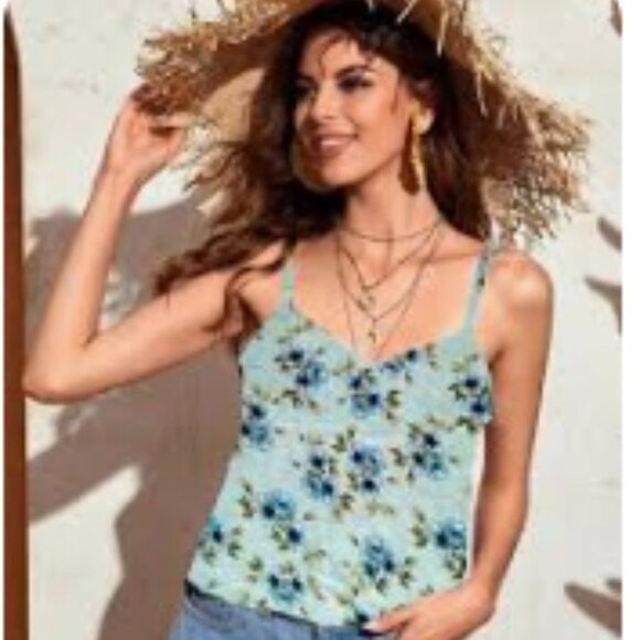 Kismet Light Teal Green Floral Keyhole Neck Camisole Tank Top size M - Picture 16 of 16
